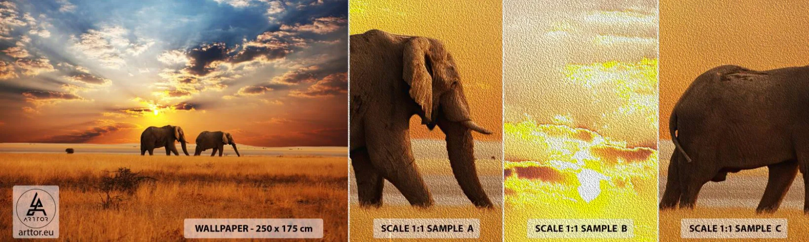 Fototapeten Muster Premium Sand - Familienspaziergang - Tiere, Afrika, Elefant - 100x30 cm