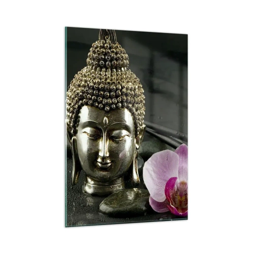 Glasbild - Bild auf glas - Eine Buddha-Statuette mit Orchidee und Essstäbchen vor einem Hintergrund aus Steinen - 80x120cm - Harmonie von Weisheit und Schönheit - Moderne Wanddekoration für Wohnzimmer und Schlafzimmer ARTTOR