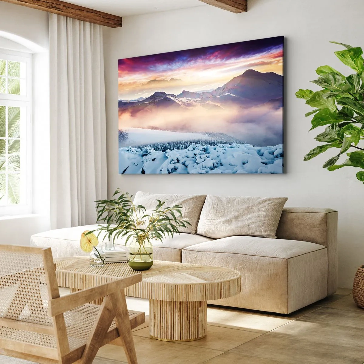 Bild auf Leinwand - Leinwandbild - Schneebedeckte Berge im Morgengrauen mit einem farbenfrohen Himmel - 100x70cm - Die Kraft und Reinheit der Natur - Moderne Wanddekoration für Wohnzimmer und Schlafzimmer ARTTOR