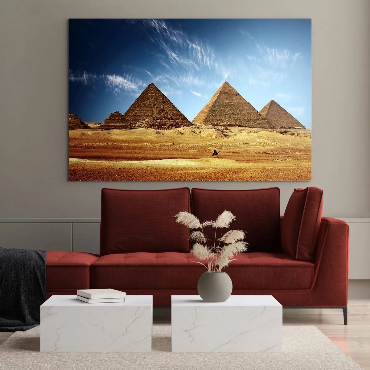 Glasbild - Bild auf glas - Die Pyramiden von Gizeh vor dem blauen Himmel - 100x70cm - 40 Jahrhunderte schauen dich an - Moderne Wanddekoration für Wohnzimmer und Schlafzimmer ARTTOR