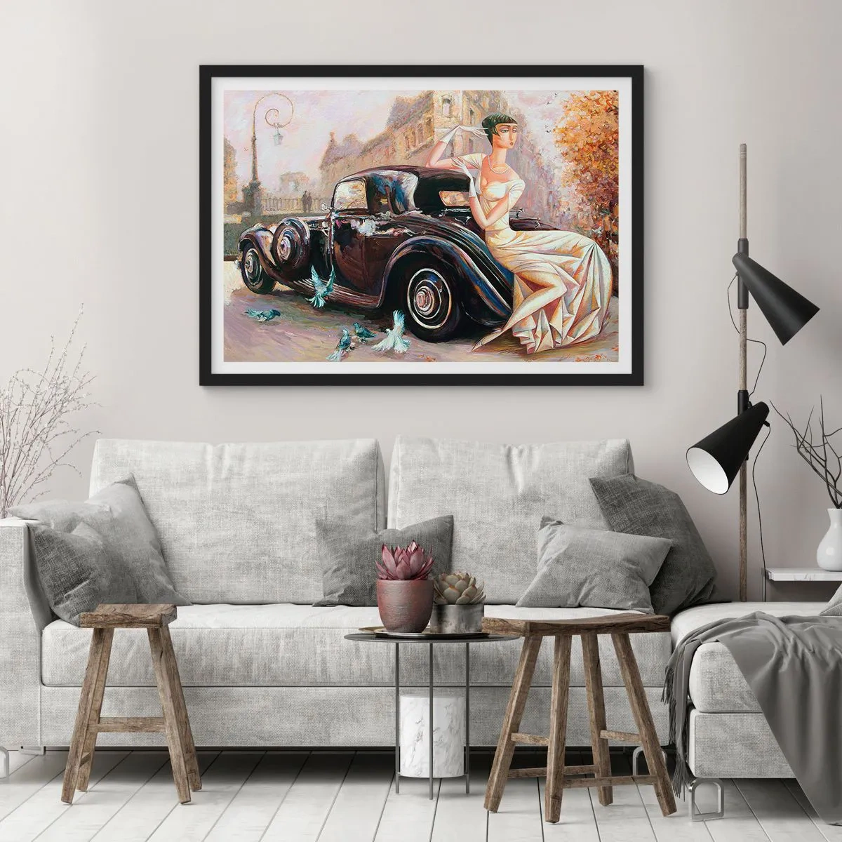 Poster in einem schwarzem Rahmen - Retro-Frau neben Oldtimer - 70x50cm - Eleganz im Retro-Stil - Moderne Wanddekoration für Wohnzimmer und Schlafzimmer ARTTOR