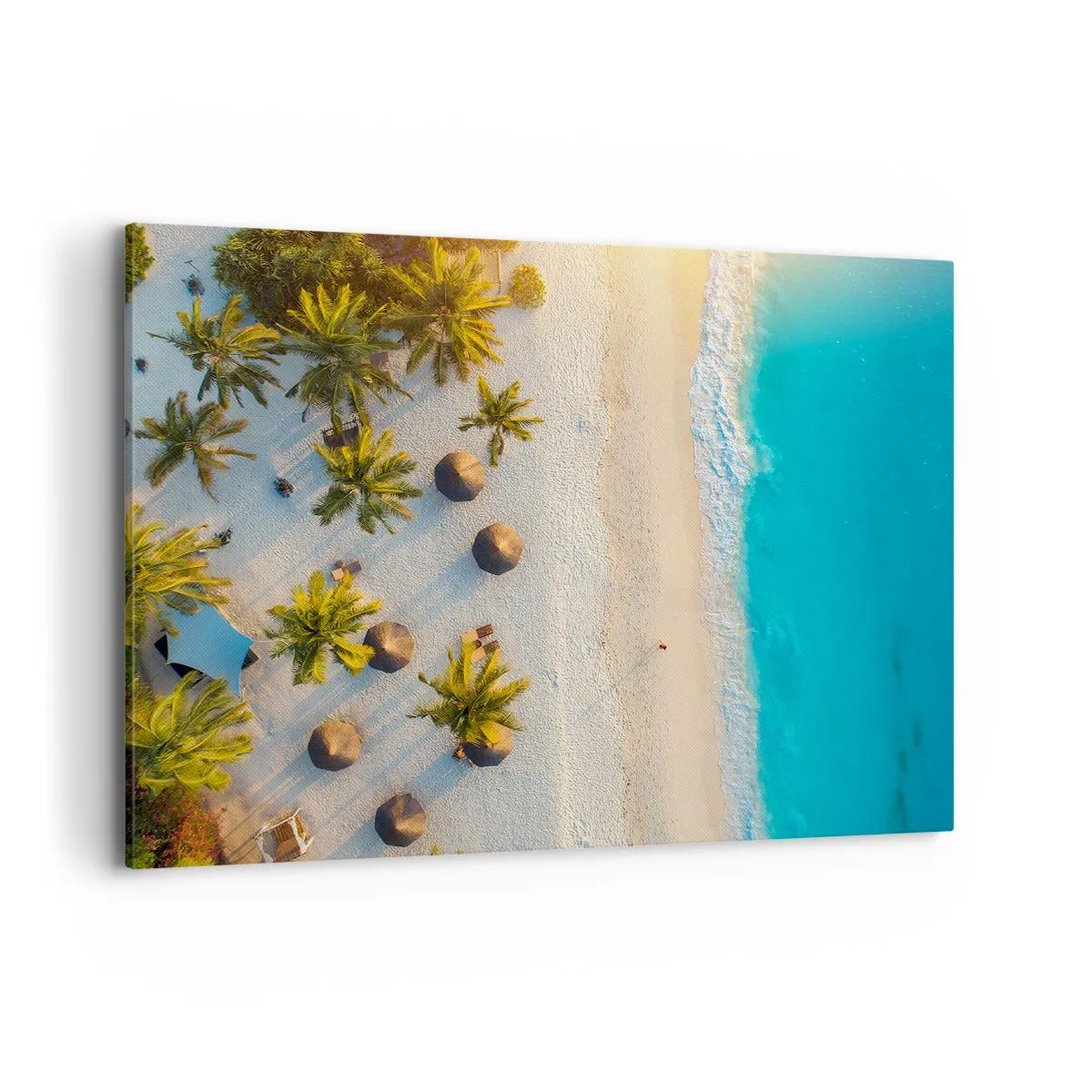Bild auf Leinwand - Leinwandbild - Blick auf einen tropischen Strand mit Palmen und türkisfarbenem Meer - 100x70cm - Willkommen im Paradies - Moderne Wanddekoration für Wohnzimmer und Schlafzimmer ARTTOR