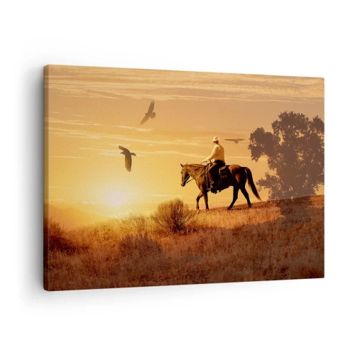 Bild auf Leinwand - Leinwandbild - Ein Reiter auf einem Pferd bei Sonnenuntergang vor der Prärie - 70x50cm - Allein durch die Prärie - Moderne Wanddekoration für Wohnzimmer und Schlafzimmer ARTTOR