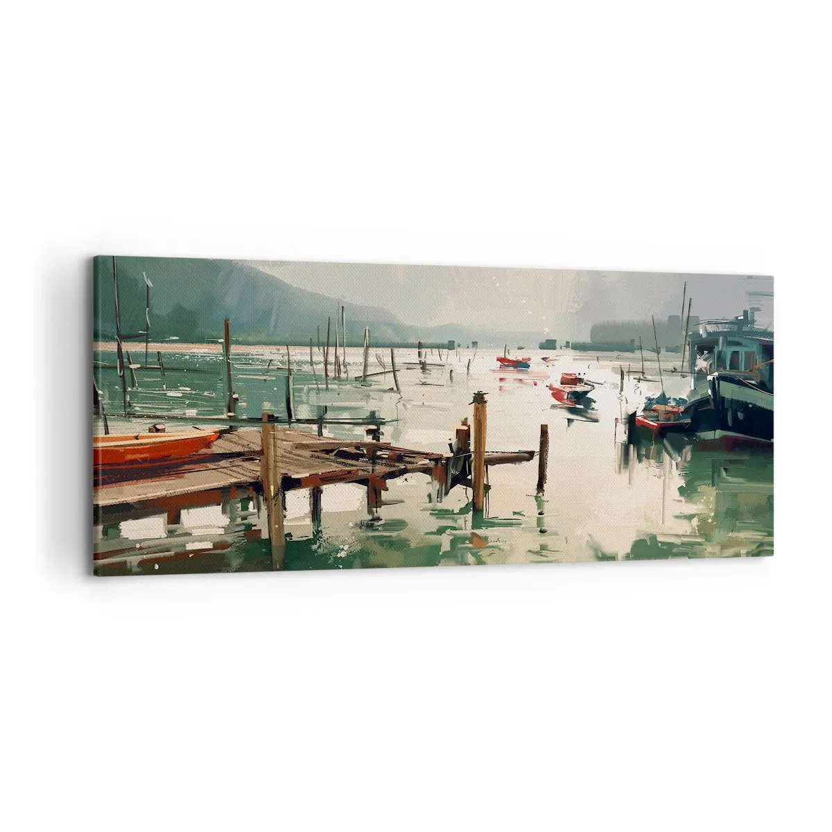 Bild auf Leinwand - Leinwandbild - Ein malerischer Hafen mit Booten auf ruhigem Wasser - 120x50cm - Durchnässt in einem geschmolzenen Mond - Moderne Wanddekoration für Wohnzimmer und Schlafzimmer ARTTOR
