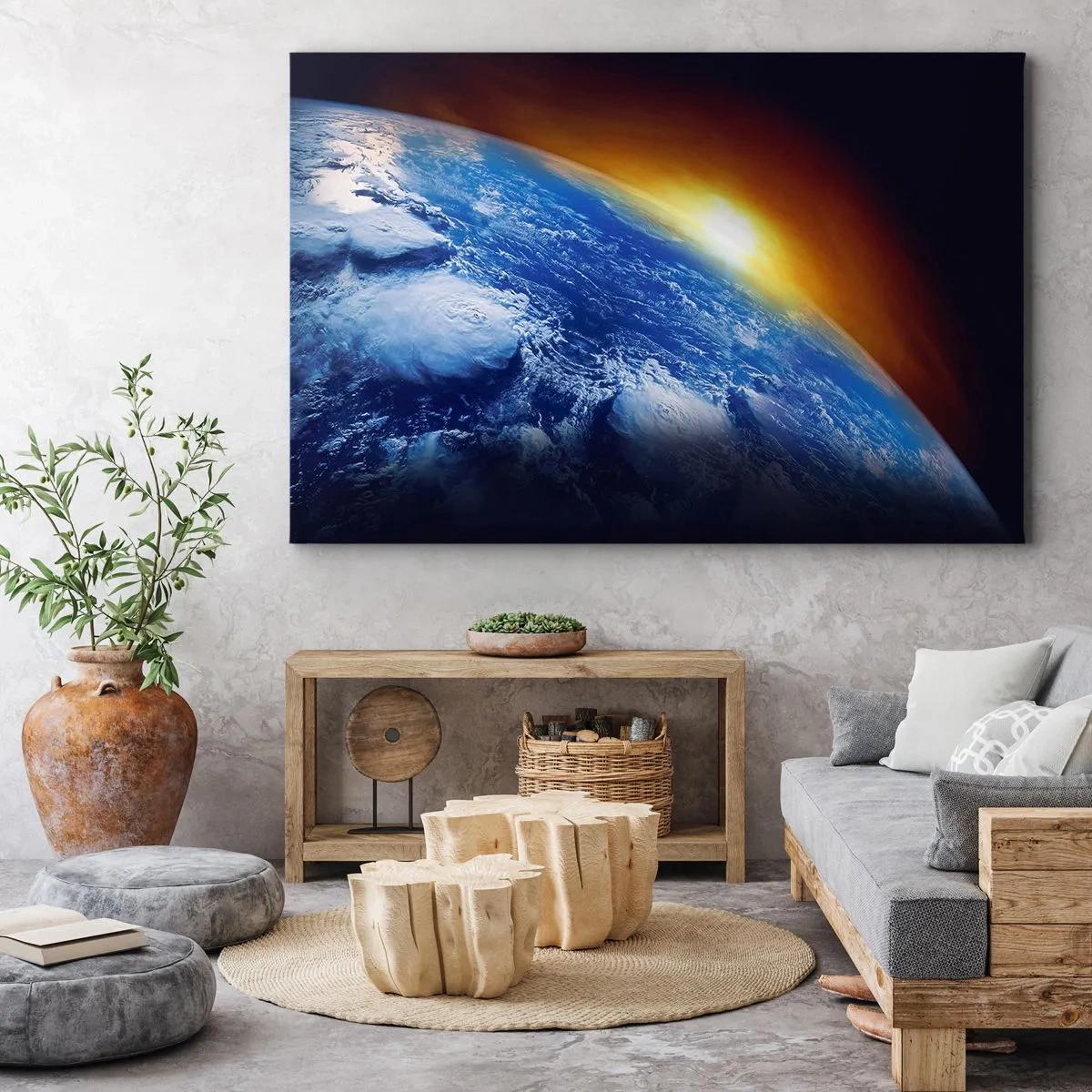 Bild auf Leinwand - Leinwandbild - Blick auf die Erde aus dem Weltraum bei Sonnenuntergang - 70x50cm - Sonnenaufgang über dem blauen Planeten - Moderne Wanddekoration für Wohnzimmer und Schlafzimmer ARTTOR
