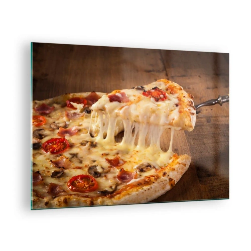 Glasbild - Bild auf glas - Pizza mit faserigem Käse, Tomaten und Schinken auf Holzuntergrund - 70x50cm - Ein Meisterwerk der italienischen Kunst - Moderne Wanddekoration für Wohnzimmer und Schlafzimmer ARTTOR