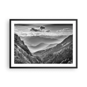 Poster in einem schwarzem Rahmen - Schwarz-weiße Berglandschaft mit Wolken über den Gipfeln - 70x50cm - Bis zum Horizont - Moderne Wanddekoration für Wohnzimmer und Schlafzimmer ARTTOR
