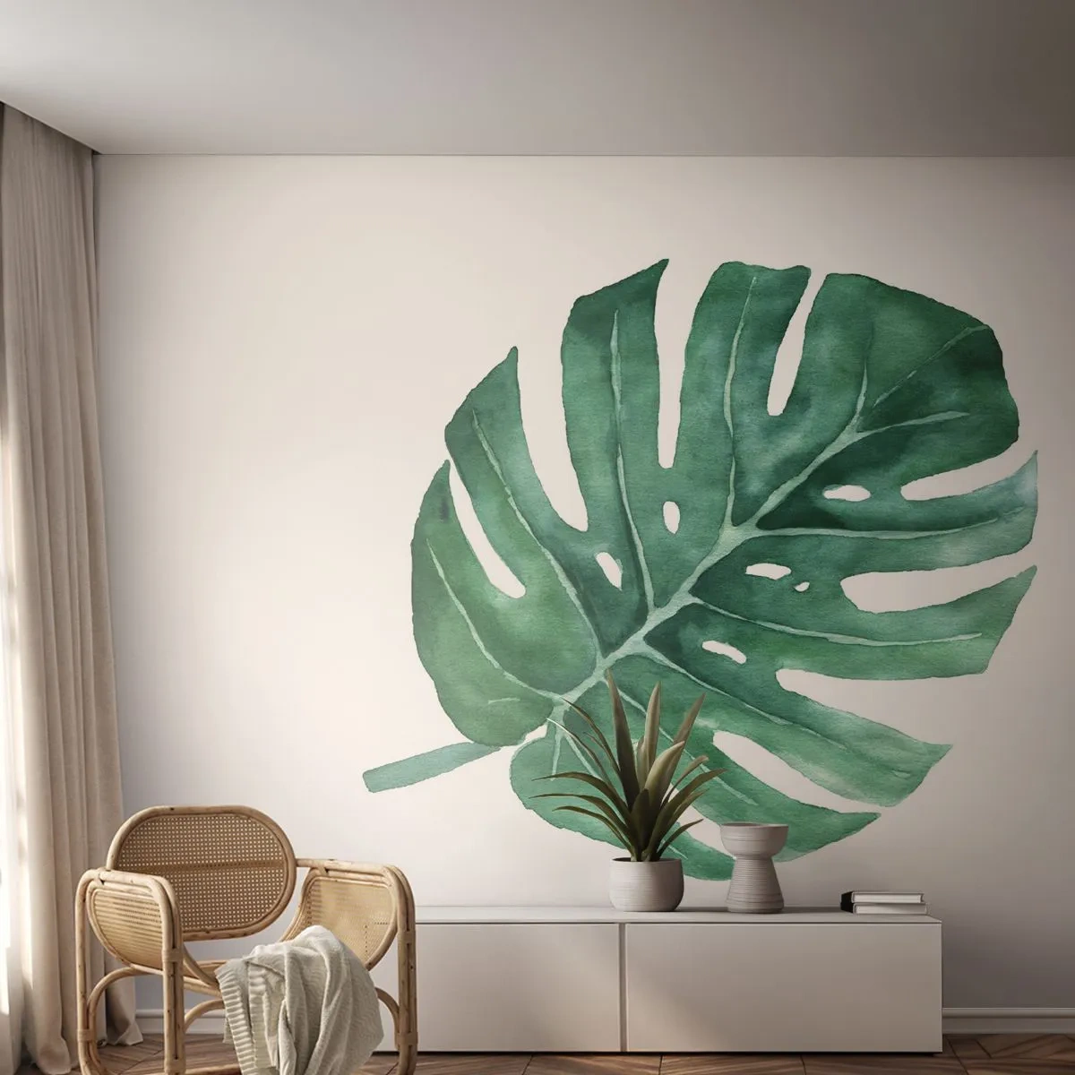Fototapete Premium Sand - Aquarell-Monstera-Blatt auf weißem Hintergrund - 100x70cm - Grünes Konzept - Moderne Wanddekoration für Wohnzimmer und Schlafzimmer ARTTOR