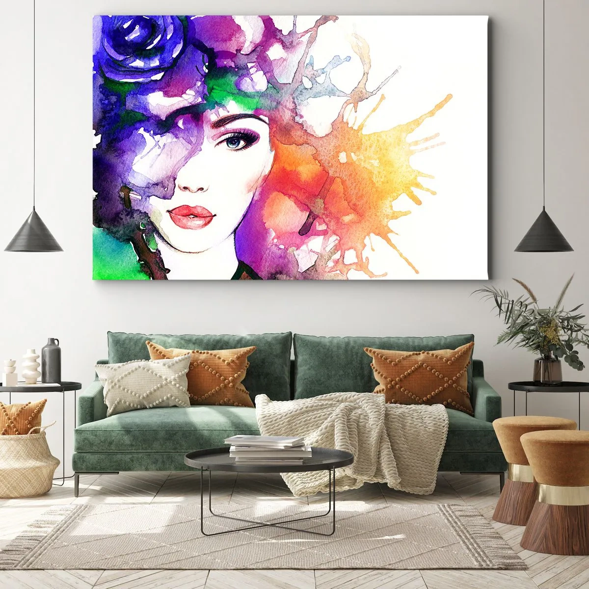 Bild auf Leinwand - Leinwandbild - Porträt einer Frau in Aquarellfarben mit abstrakten Flecken - 100x70cm - Mit dem Kopf in den Wolken - Moderne Wanddekoration für Wohnzimmer und Schlafzimmer ARTTOR