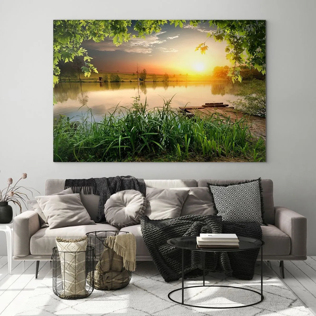 Glasbild - Bild auf glas - Landschaft mit einem von Grün umgebenen See bei Sonnenuntergang - 120x80cm - Landschaft in einem grünen Rahmen - Moderne Wanddekoration für Wohnzimmer und Schlafzimmer ARTTOR