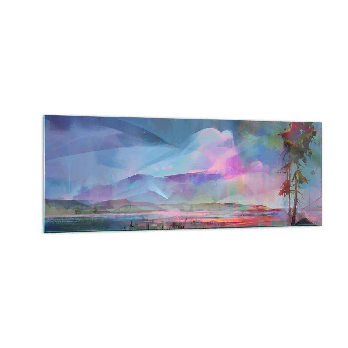 Glasbild - Bild auf glas - Berglandschaft mit buntem Himmel und einem Dorf - 140x50cm - Unter einem wohlwollenden Himmel - Moderne Wanddekoration für Wohnzimmer und Schlafzimmer ARTTOR