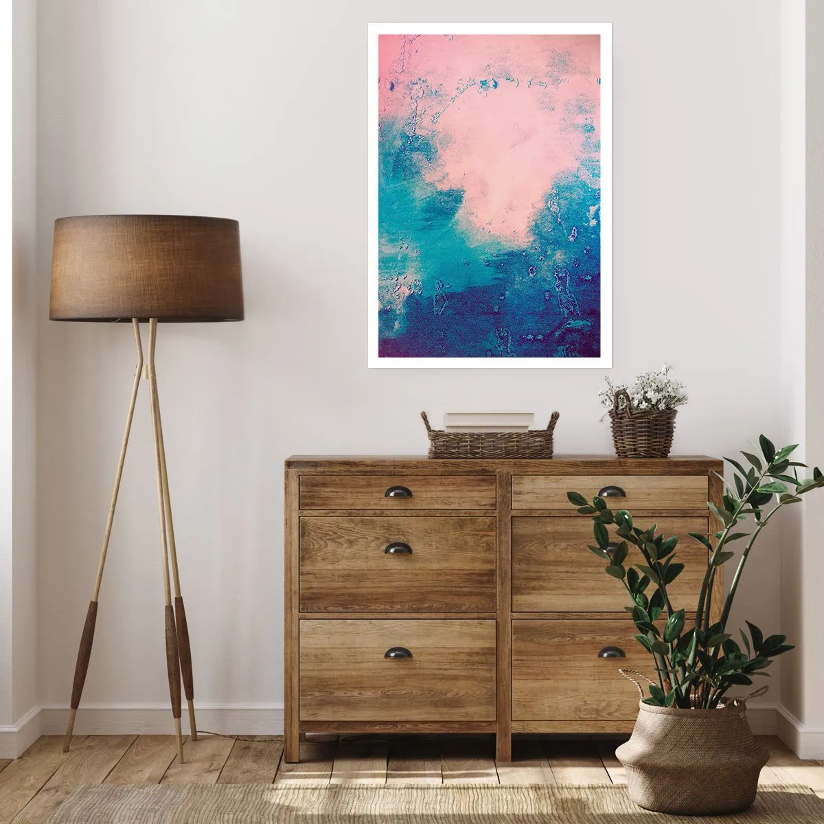 Poster - Abstrakte Komposition in Blau und Rosa - 50x70cm - Himmelsblaue Umarmungen - Moderne Wanddekoration für Wohnzimmer und Schlafzimmer ARTTOR