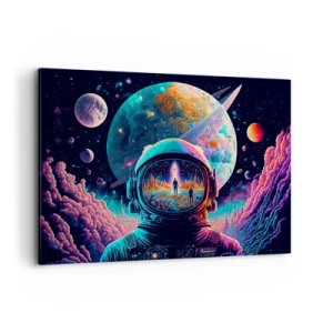 Bild auf Leinwand - Leinwandbild - Astronaut im Weltraum mit einer farbenfrohen Planetenlandschaft - 100x70cm - Philosophen haben nicht davon geträumt - Moderne Wanddekoration für Wohnzimmer und Schlafzimmer ARTTOR