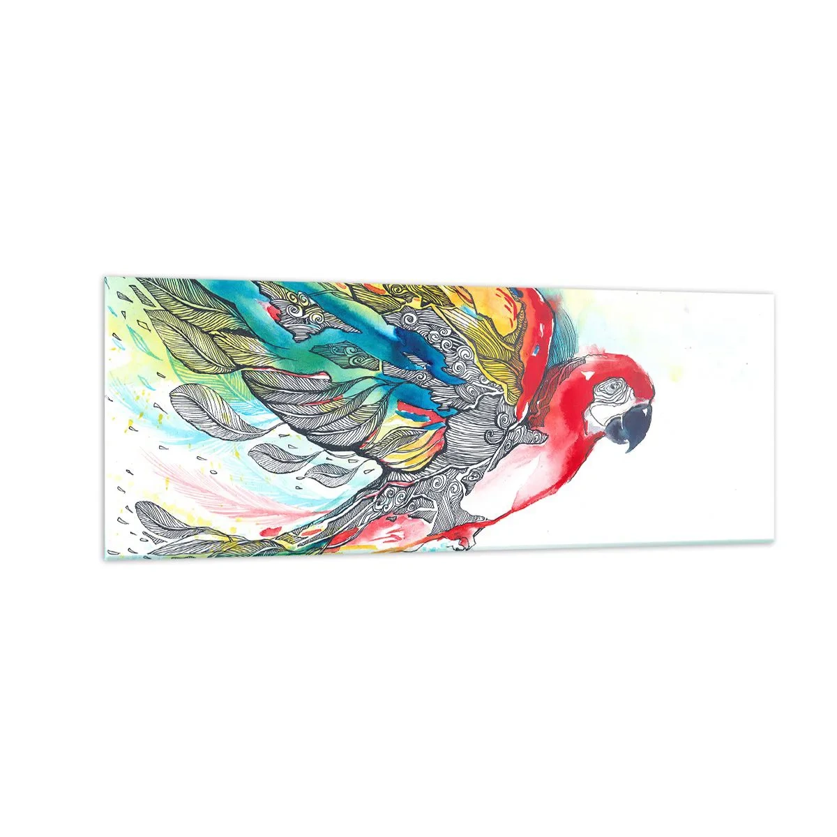 Glasbild - Bild auf glas - Ein bunter Papagei im Flug mit abstrakten Mustern auf seinen Flügeln. - 140x50cm - Leben Sie bunt - Moderne Wanddekoration für Wohnzimmer und Schlafzimmer ARTTOR