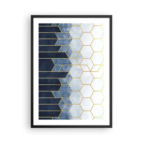 Poster in einem schwarzem Rahmen - Geometrische Komposition in Marineblau- und Goldtönen mit Sechsecken - 50x70cm - Komposition im synkopischen Rhythmus - Moderne Wanddekoration für Wohnzimmer und Schlafzimmer ARTTOR