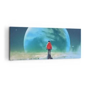 Bild auf Leinwand - Leinwandbild - Ein Mann in einer roten Jacke steht vor einem großen Planeten mit Sternen im Hintergrund. - 120x50cm - Entdecker des neuen Landes - Moderne Wanddekoration für Wohnzimmer und Schlafzimmer ARTTOR