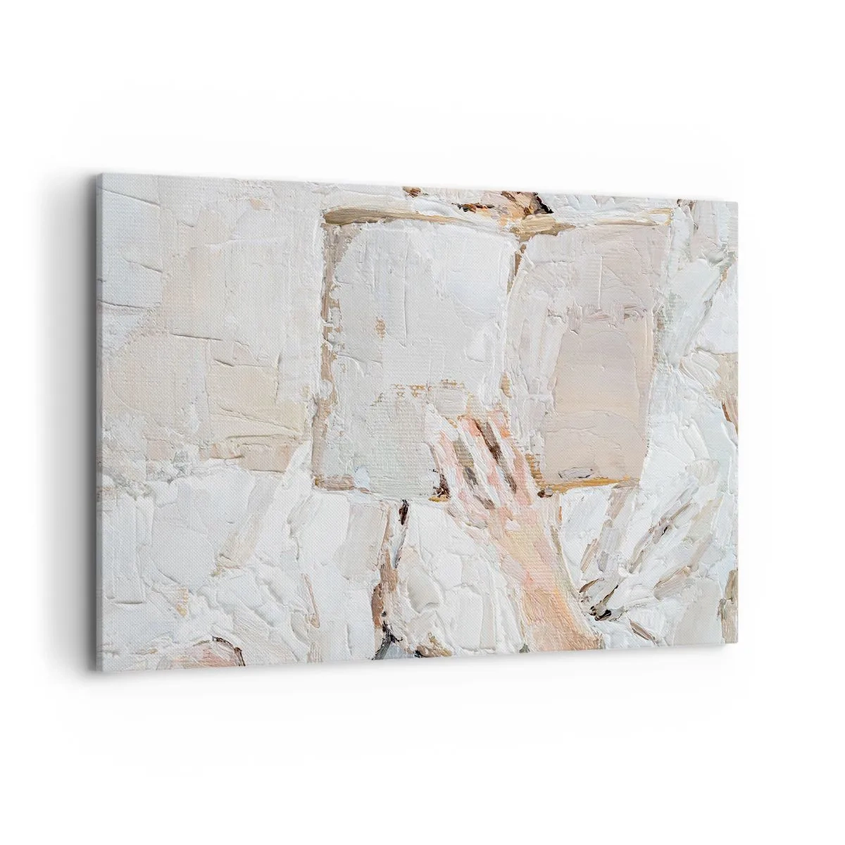 Bild auf Leinwand - Leinwandbild - Ein impressionistisches Gemälde einer Hand, die ein offenes Buch hält. - 100x70cm - In einer anderen Welt - Moderne Wanddekoration für Wohnzimmer und Schlafzimmer ARTTOR