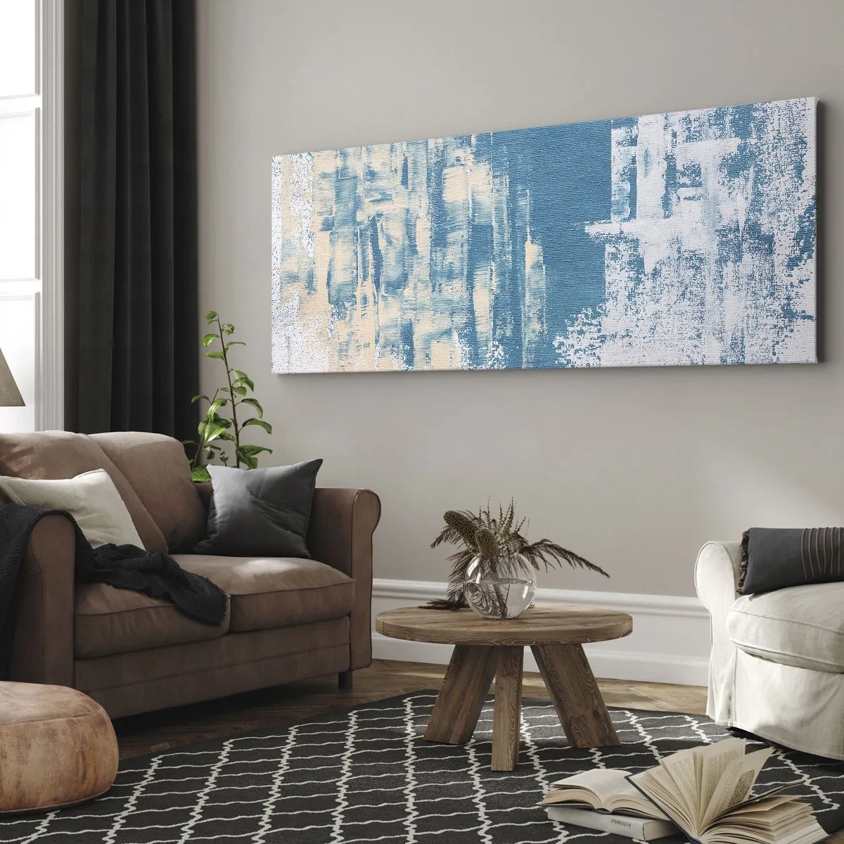 Bild auf Leinwand - Leinwandbild - Abstrakte Komposition in Blau- und Weißtönen - 140x50cm - Durch einen Eiszapfen - Moderne Wanddekoration für Wohnzimmer und Schlafzimmer ARTTOR