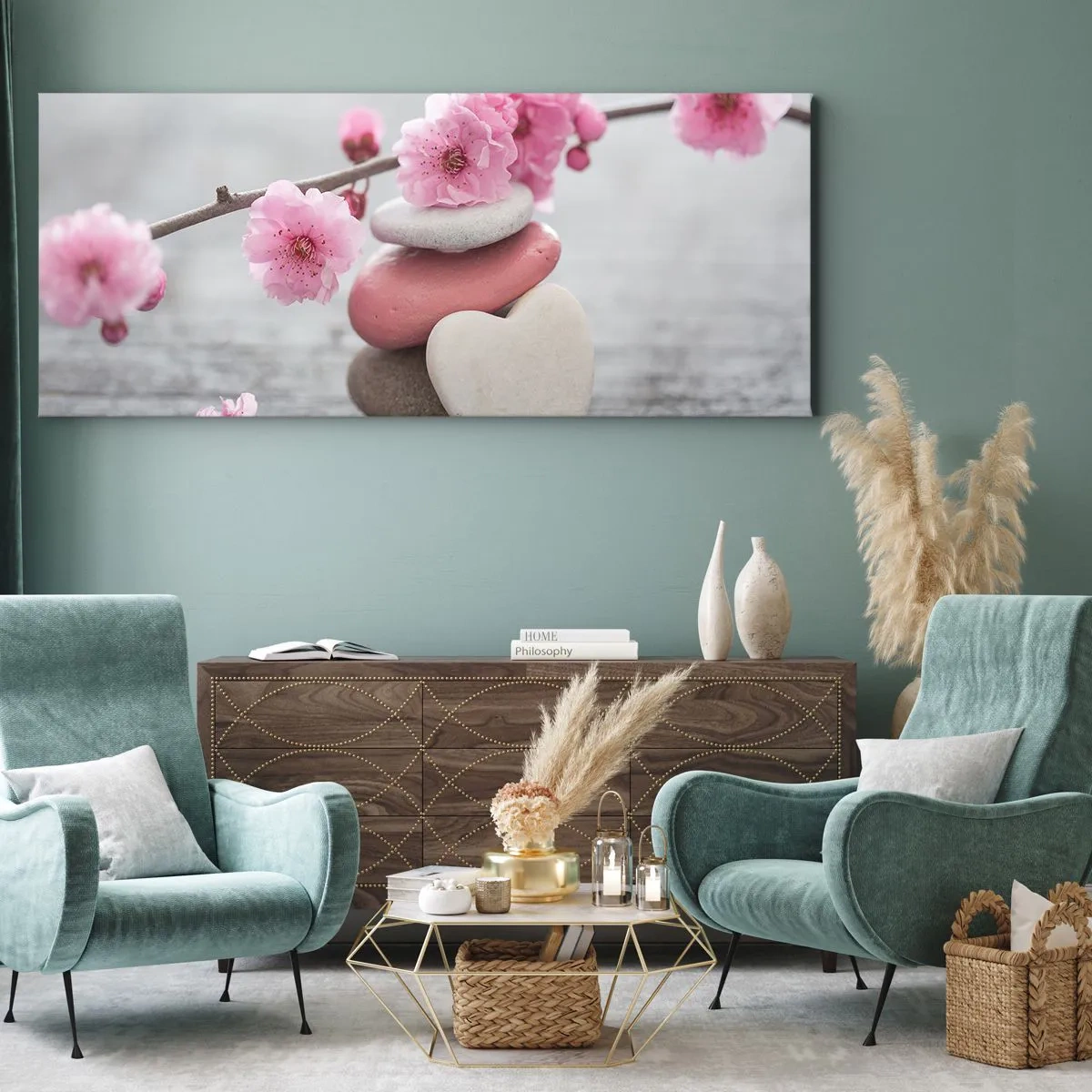Bild auf Leinwand - Leinwandbild - Zarte Kirschblüten mit herzförmigen Steinen - 140x50cm - Glückseligkeit mit einer Kirschblüte - Moderne Wanddekoration für Wohnzimmer und Schlafzimmer ARTTOR