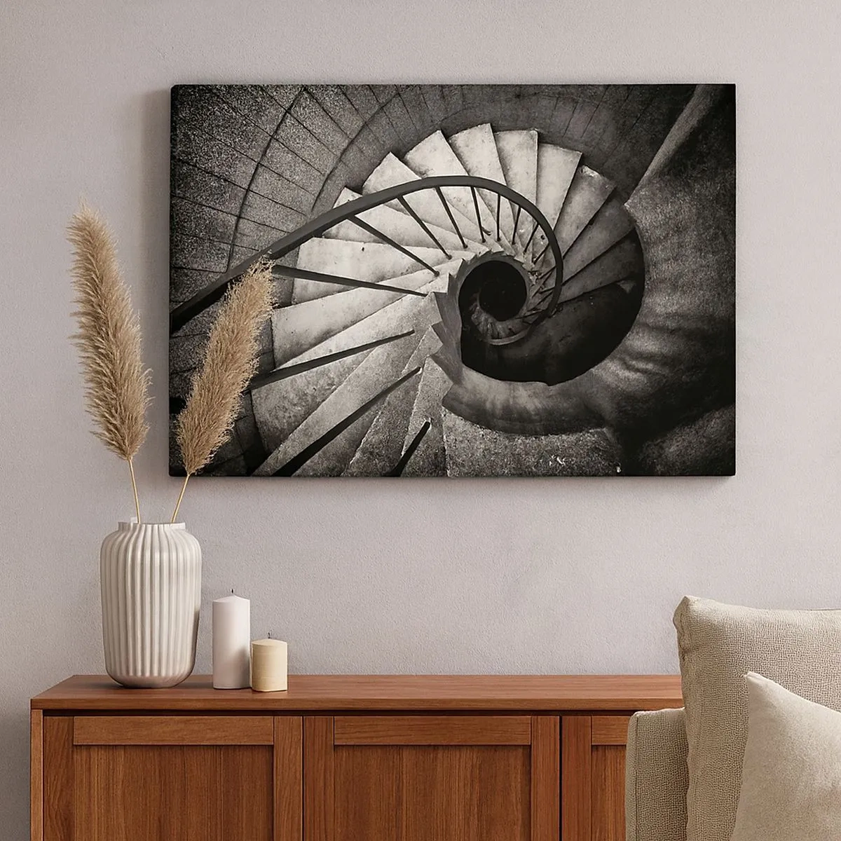 Bild auf Leinwand - Leinwandbild - Schwarz-weiße Wendeltreppe im modernen Stil - 70x50cm - Treppe hoch, Treppe runter - Moderne Wanddekoration für Wohnzimmer und Schlafzimmer ARTTOR