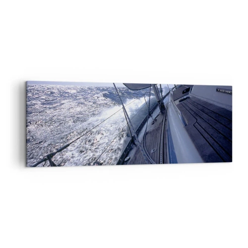 Bild auf Leinwand - Leinwandbild - Ein Segelboot in stürmischer See mit weißen Segeln und einem Holzdeck. - 140x50cm - Ich weiß was es heißt ein Vogel zu sein - Moderne Wanddekoration für Wohnzimmer und Schlafzimmer ARTTOR