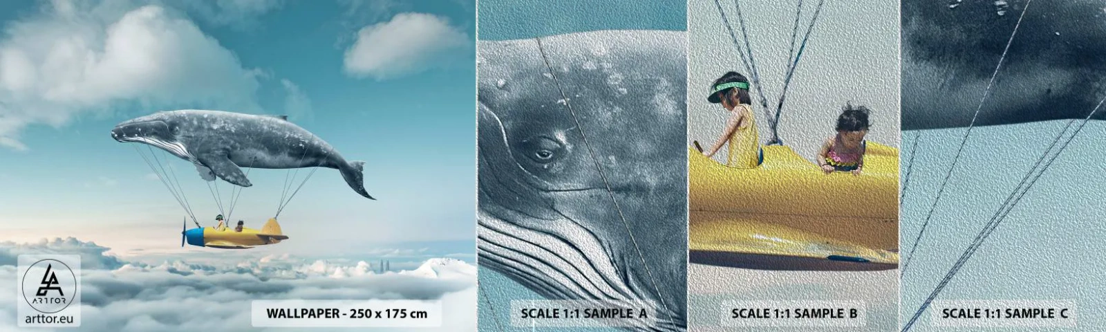 Fototapeten Muster Premium Sand - Warum nicht? - Wal, Kinder, Flugzeug - 100x30 cm