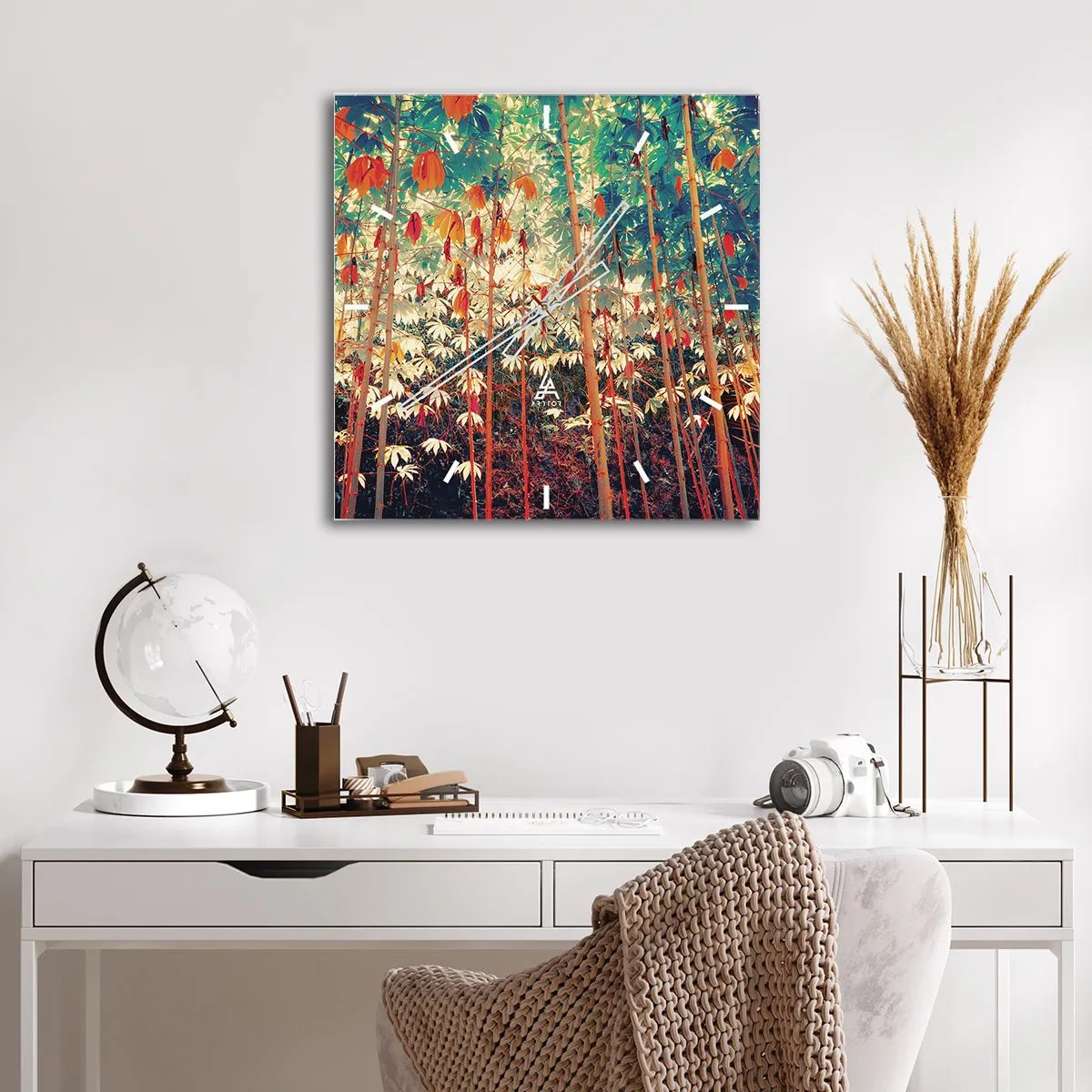 Wanduhr - Glasuhr - Ein bunter Bambuswald mit intensiven Farben - 30x30cm - Das geheime Leben der Blätter - Moderne Wanddekoration für Wohnzimmer und Schlafzimmer ARTTOR