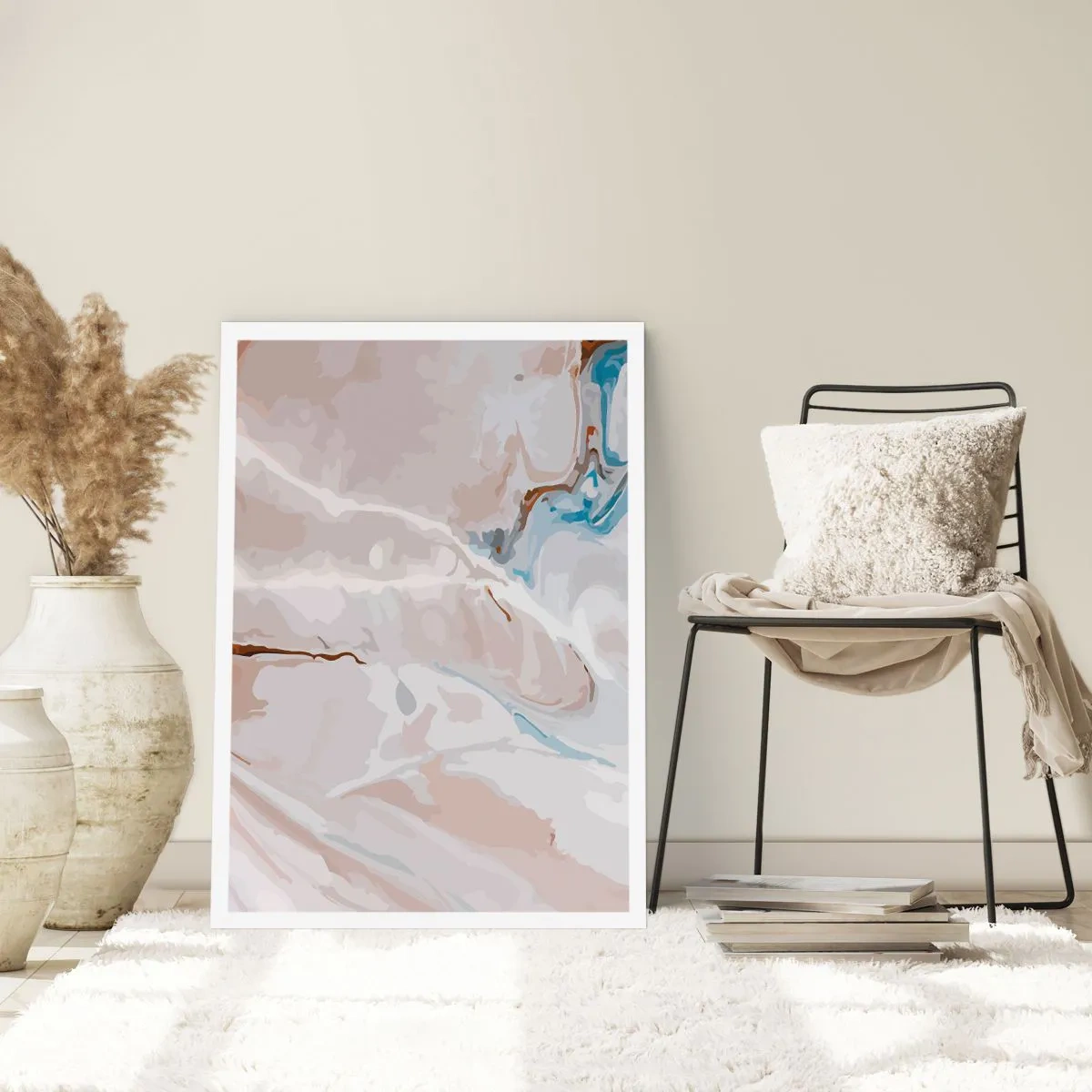 Poster - Marmormuster in zarten Beige- und Blautönen - 50x70cm - Blau schlängelt sich unter dem Weiß - Moderne Wanddekoration für Wohnzimmer und Schlafzimmer ARTTOR