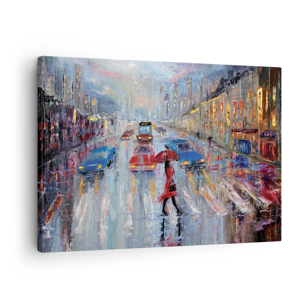 Bild auf Leinwand - Leinwandbild - Eine Frau mit einem Regenschirm auf einer verregneten Straße im Neonlicht. - 70x50cm - Regnerischer Nachmittag in der Stadt - Moderne Wanddekoration für Wohnzimmer und Schlafzimmer ARTTOR