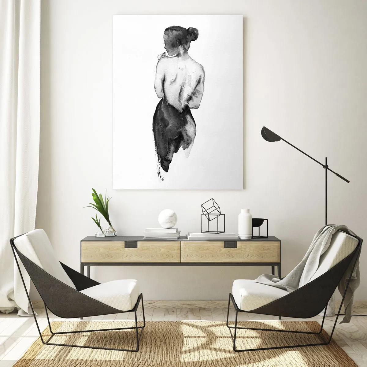 Glasbild - Bild auf glas - Schwarz-weiße Silhouette einer Frau im Aquarellstil - 50x70cm - Bei ihr verschwindet die Welt - Moderne Wanddekoration für Wohnzimmer und Schlafzimmer ARTTOR