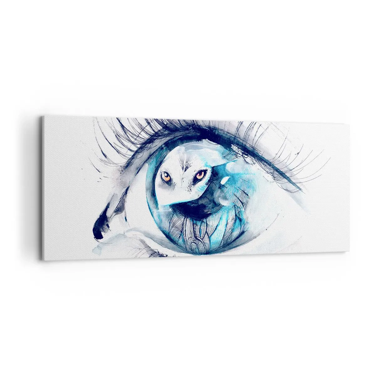 Bild auf Leinwand - Leinwandbild - Ein Auge mit dem Bild einer Eule in Aquarell-Blautönen - 120x50cm - Auge in Auge mit Wildheit - Moderne Wanddekoration für Wohnzimmer und Schlafzimmer ARTTOR