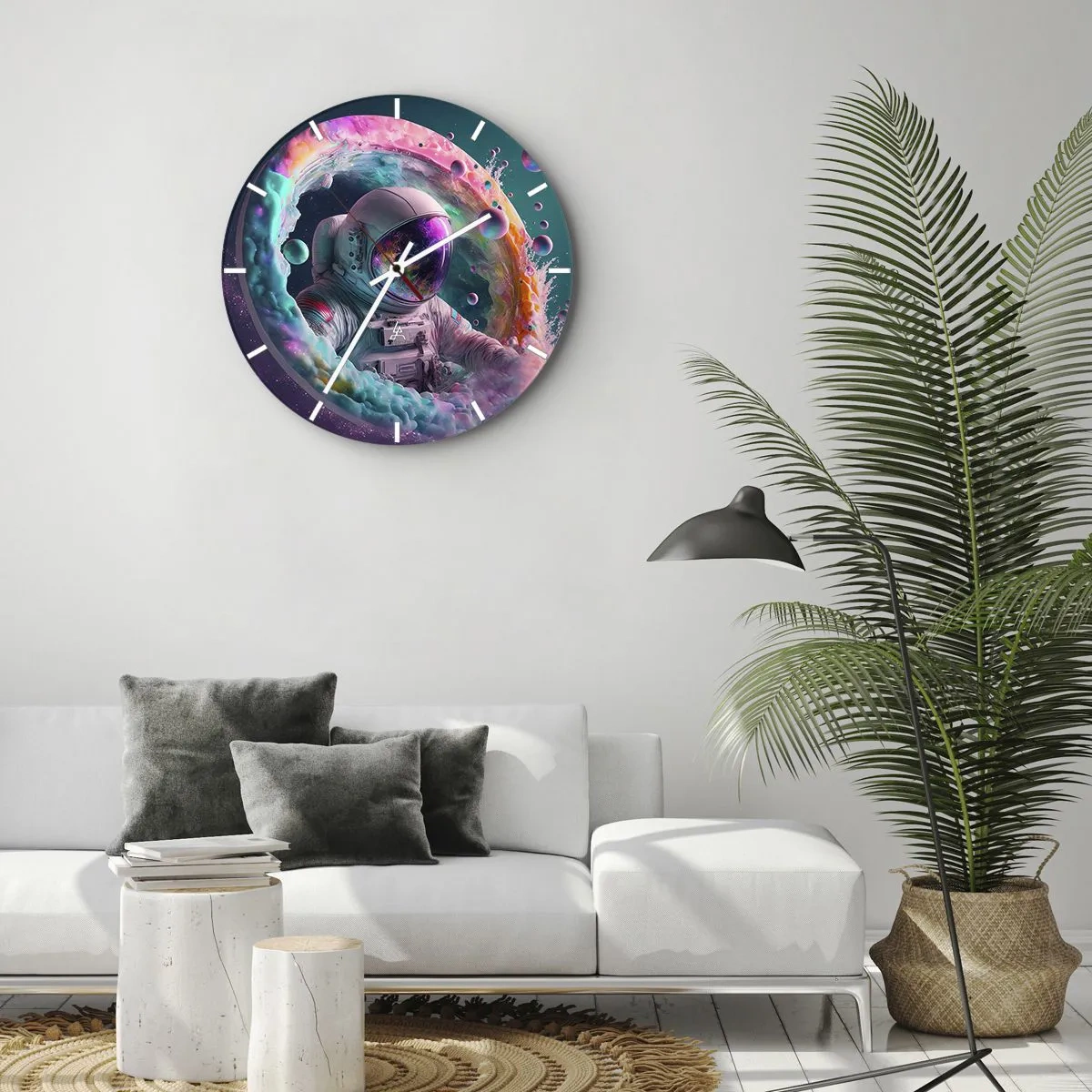 Wanduhr - Glasuhr - Astronaut inmitten kosmischer Farben und portalartiger Effekte - 30x30cm - Sternentor - Moderne Wanddekoration für Wohnzimmer, Küche und Schlafzimmer ARTTOR