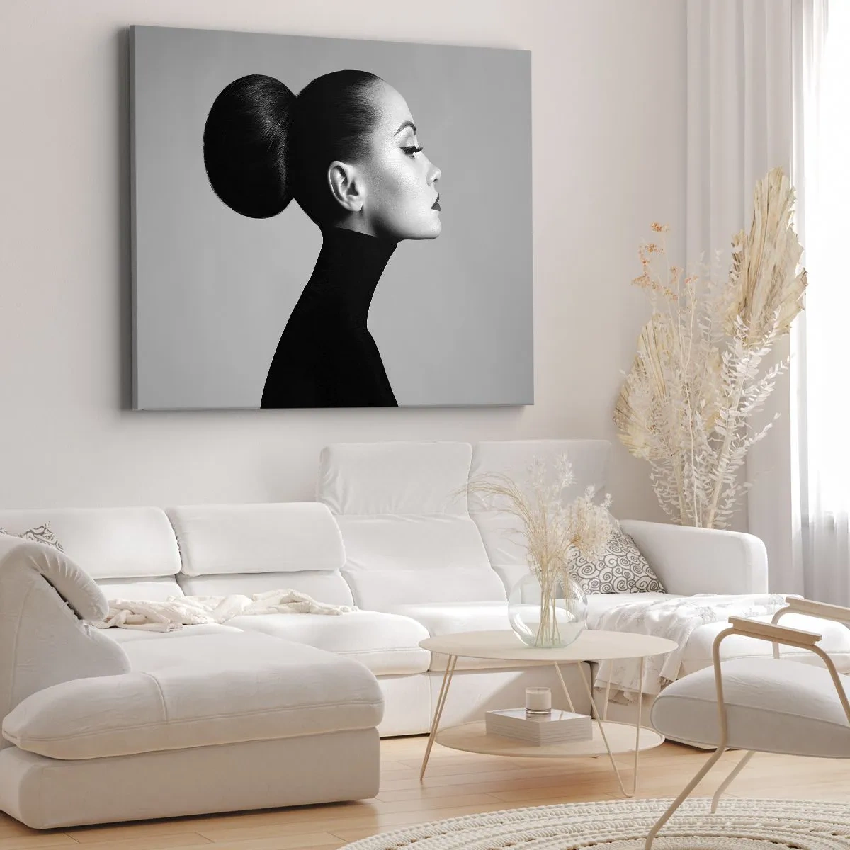 Bild auf Leinwand - Leinwandbild - Profil einer Frau in Schwarz-Weiß mit einem eleganten Dutt - 70x50cm - Moderne Nofretete - Moderne Wanddekoration für Wohnzimmer und Schlafzimmer ARTTOR