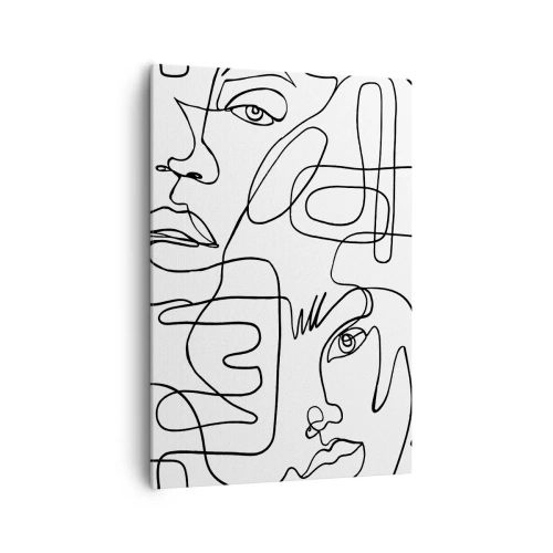Bild auf Leinwand - Leinwandbild - Eine minimalistische Zeichnung eines Gesichts mit Linien auf hellem Hintergrund. - 70x100cm - In verworrenen Gefühlen - Moderne Wanddekoration für Wohnzimmer und Schlafzimmer ARTTOR