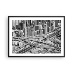 Poster in einem schwarzem Rahmen - Dubai aus der Vogelperspektive - 70x50cm - Dubai - die unmögliche Stadt - Moderne Wanddekoration für Wohnzimmer und Schlafzimmer ARTTOR