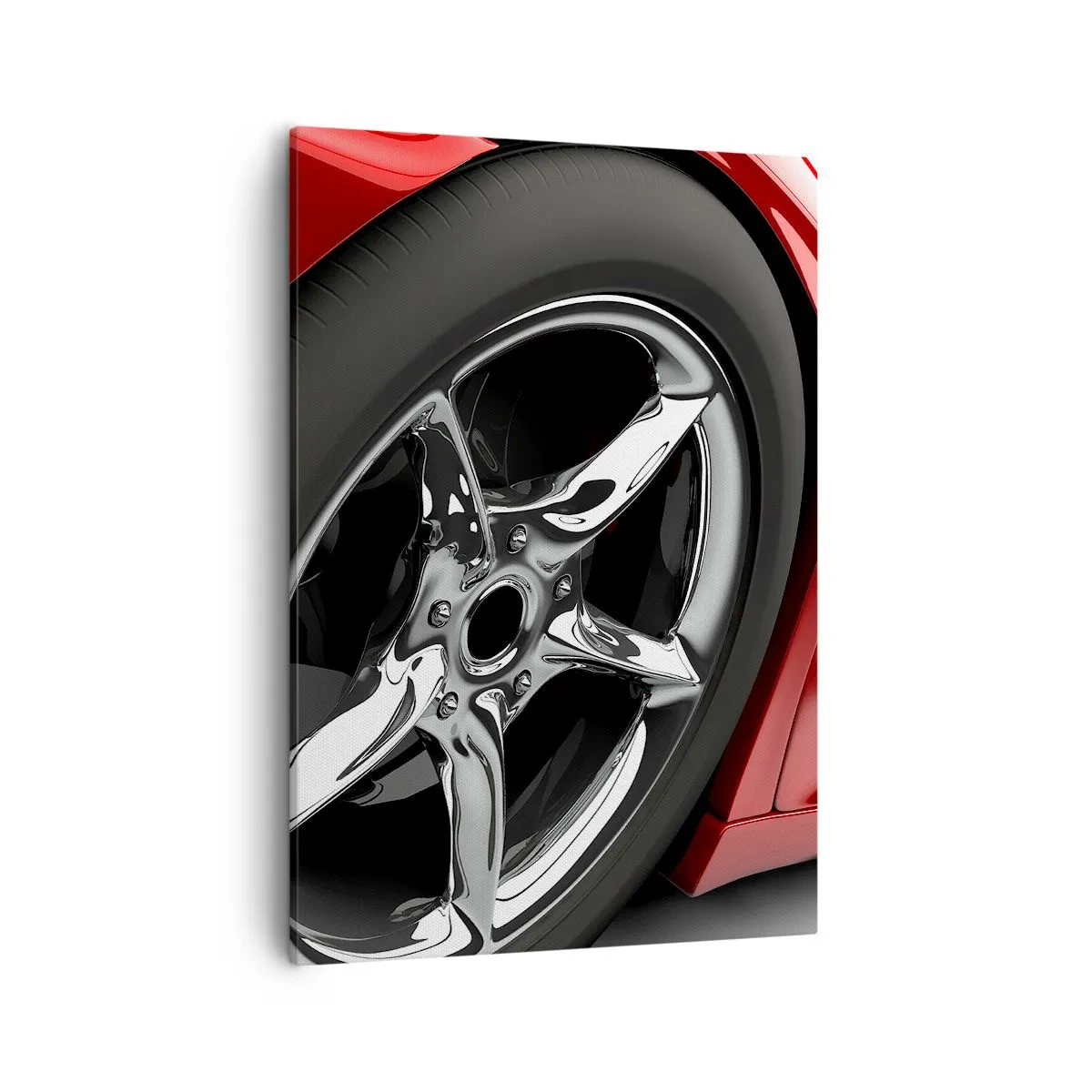 Bild auf Leinwand - Leinwandbild - Roter Sportwagen mit Chromfelge - 50x70cm - Für Schnelligkeit gebaut - Moderne Wanddekoration für Wohnzimmer und Schlafzimmer ARTTOR