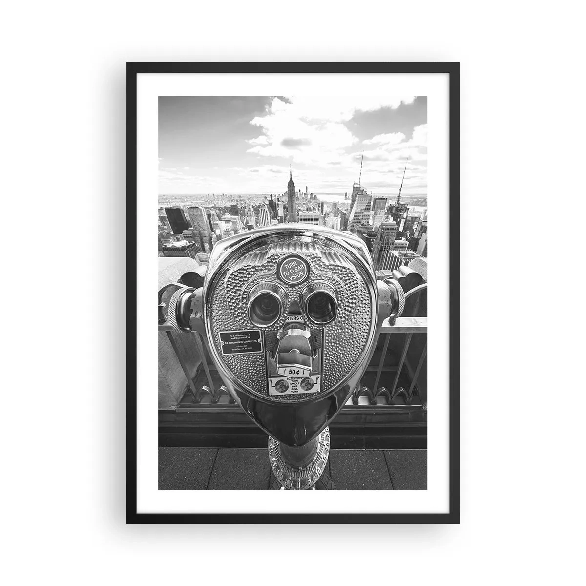 Poster in einem schwarzem Rahmen - Eine monochrome Ansicht von New York City mit einem Fernglas im Vordergrund. - 50x70cm - Stadt über den Städten - Moderne Wanddekoration für Wohnzimmer und Schlafzimmer ARTTOR