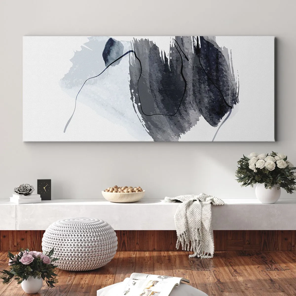 Bild auf Leinwand - Leinwandbild - Abstrakte Komposition in Grau- und Blautönen - 160x50cm - Intensität und Bewegung - Moderne Wanddekoration für Wohnzimmer und Schlafzimmer ARTTOR