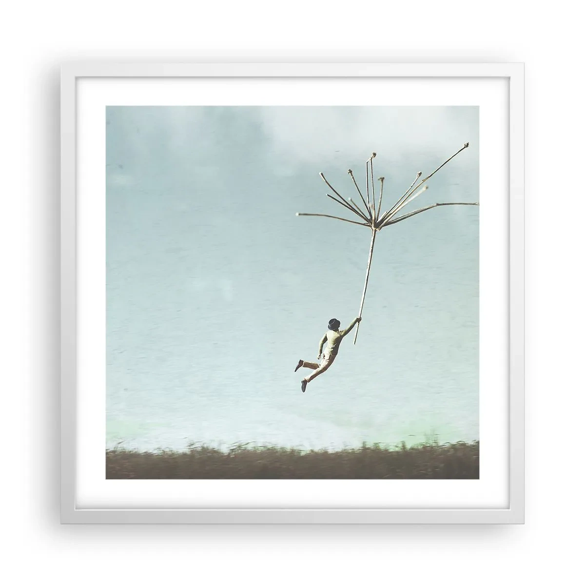 Poster in einem weißen Rahmen - Drachen, Löwenzahn, Wind - 50x50 cm