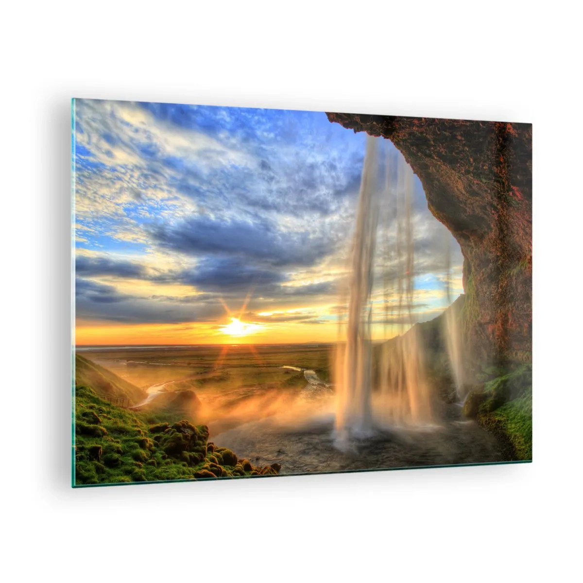 Glasbild - Bild auf glas - Wasserfall mit Blick auf den Sonnenuntergang und das Tal - 70x50cm - Die Welt hinter einem Schleier aus Tropfen - Moderne Wanddekoration für Wohnzimmer und Schlafzimmer ARTTOR
