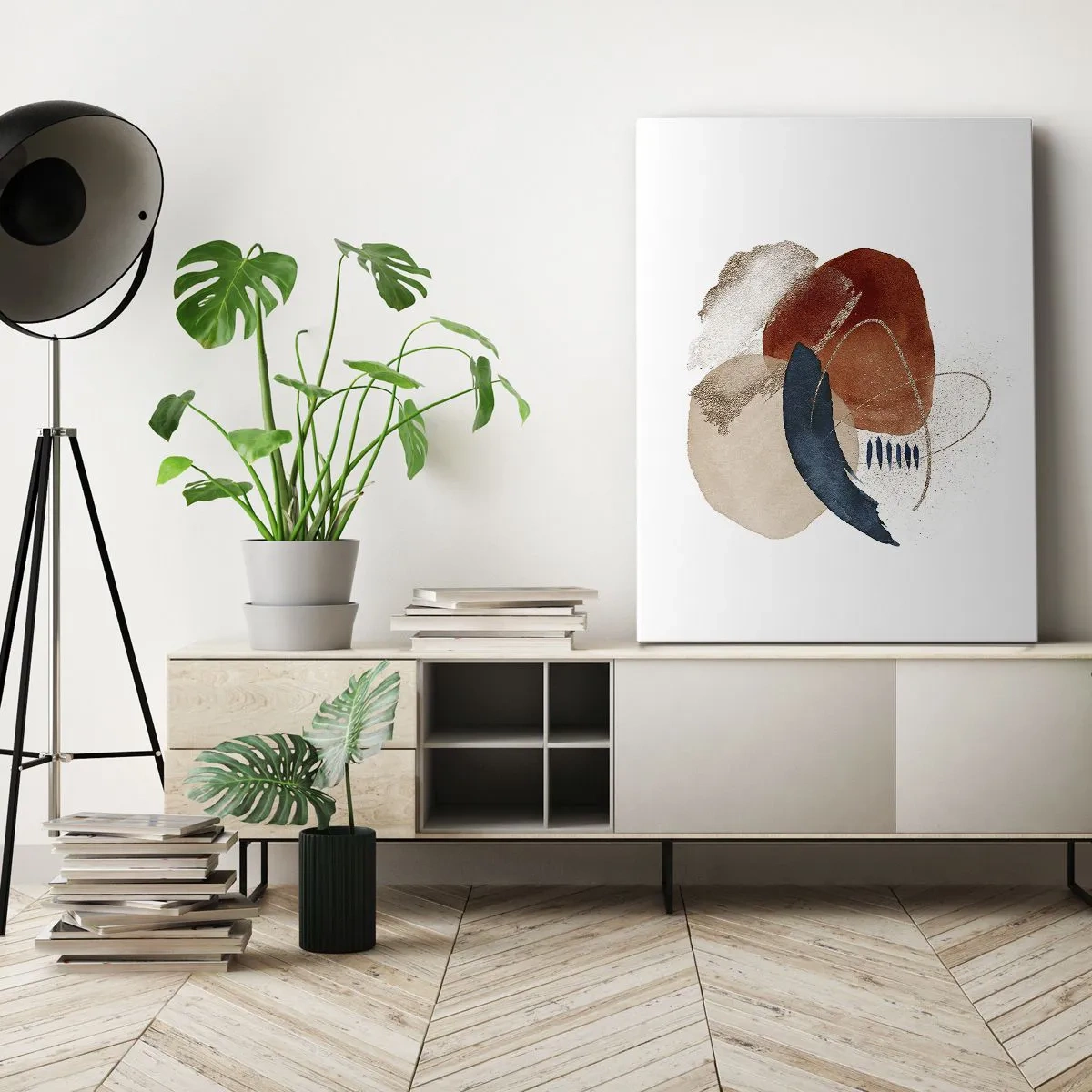 Bild auf Leinwand - Leinwandbild - Eine abstrakte Komposition mit Punkten in erdigen und marineblauen Farbtönen. - 80x120cm - Ovale Komposition - Moderne Wanddekoration für Wohnzimmer und Schlafzimmer ARTTOR