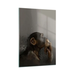 Glasbild - Bild auf glas - Ein nachdenklich dreinblickender Affe vor dunklem Hintergrund mit Splatter-Effekt - 50x70cm - Sicherlich ein Denker - Moderne Wanddekoration für Wohnzimmer und Schlafzimmer ARTTOR