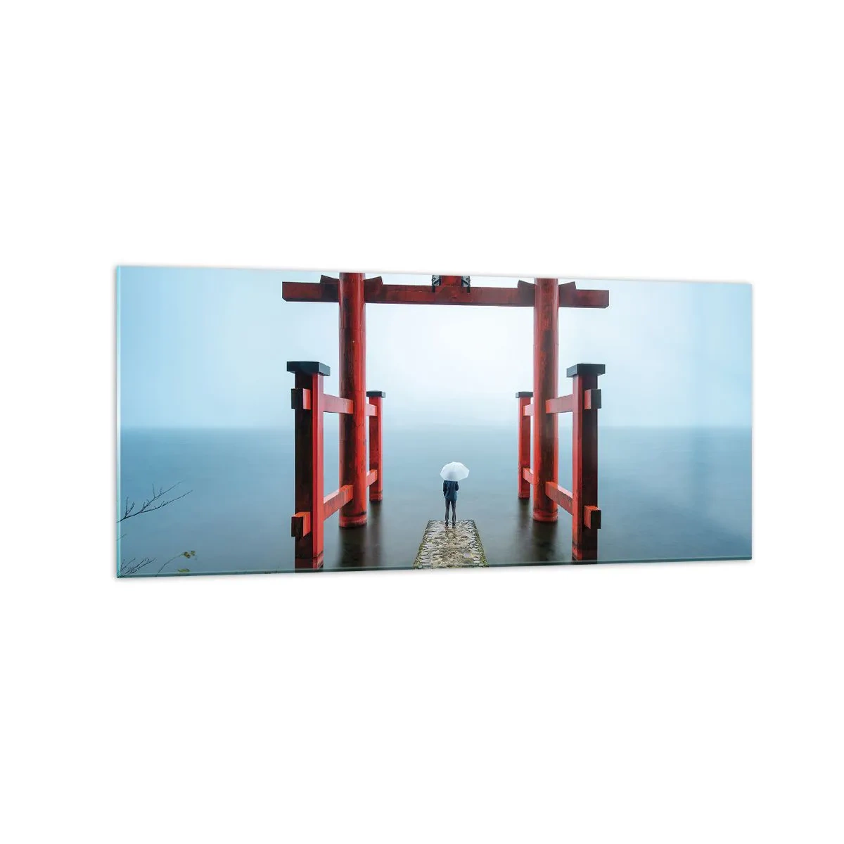 Glasbild - Bild auf glas - Ein Torii-Tor mit Blick auf einen ruhigen See in Japan - 120x50cm - Japanische Träumerei - Moderne Wanddekoration für Wohnzimmer und Schlafzimmer ARTTOR