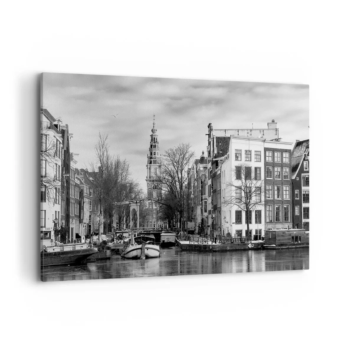 Bild auf Leinwand - Leinwandbild - Schwarz-Weiß-Panorama von Amsterdam mit Kanal und historischen Gebäuden - 100x70cm - Amsterdamer Atmosphäre - Moderne Wanddekoration für Wohnzimmer und Schlafzimmer ARTTOR