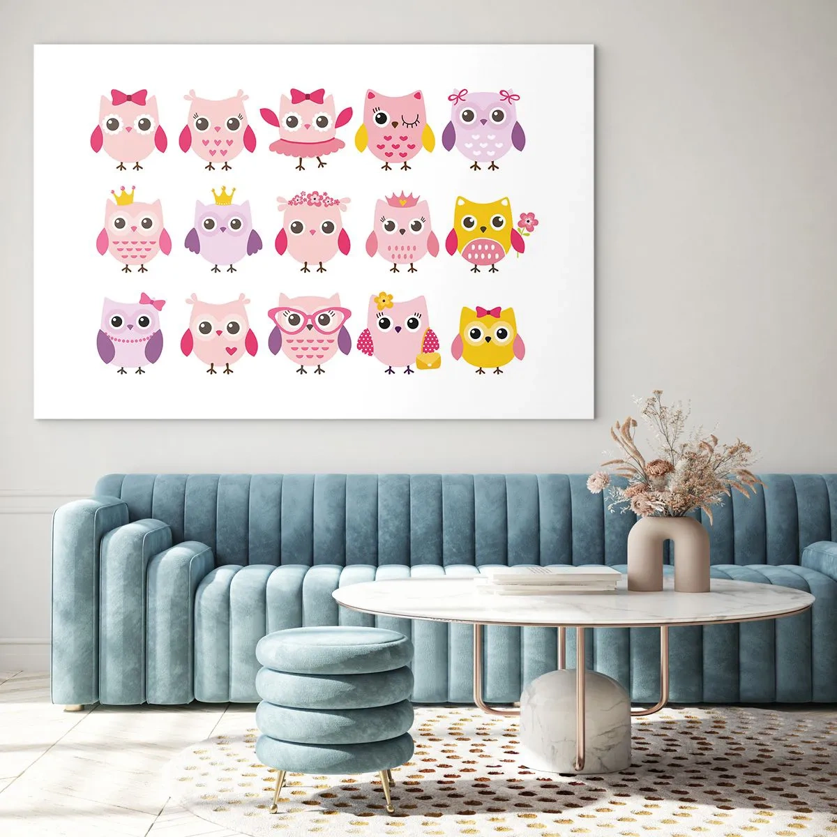 Glasbild - Bild auf glas - Bunte Eulen in verschiedenen Mustern auf weißem Hintergrund - 100x70cm - Einer ist süßer als der andere - Moderne Wanddekoration für Wohnzimmer und Schlafzimmer ARTTOR