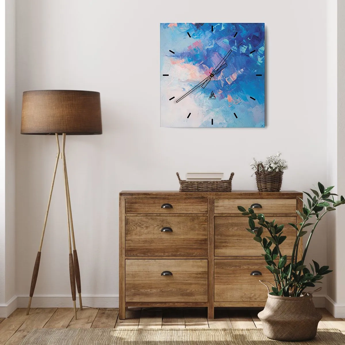 Wanduhr - Glasuhr - Abstrakte Komposition in Blau- und Rosatönen - 30x30cm - Winter-Abstraktion - Moderne Wanddekoration für Wohnzimmer und Schlafzimmer ARTTOR