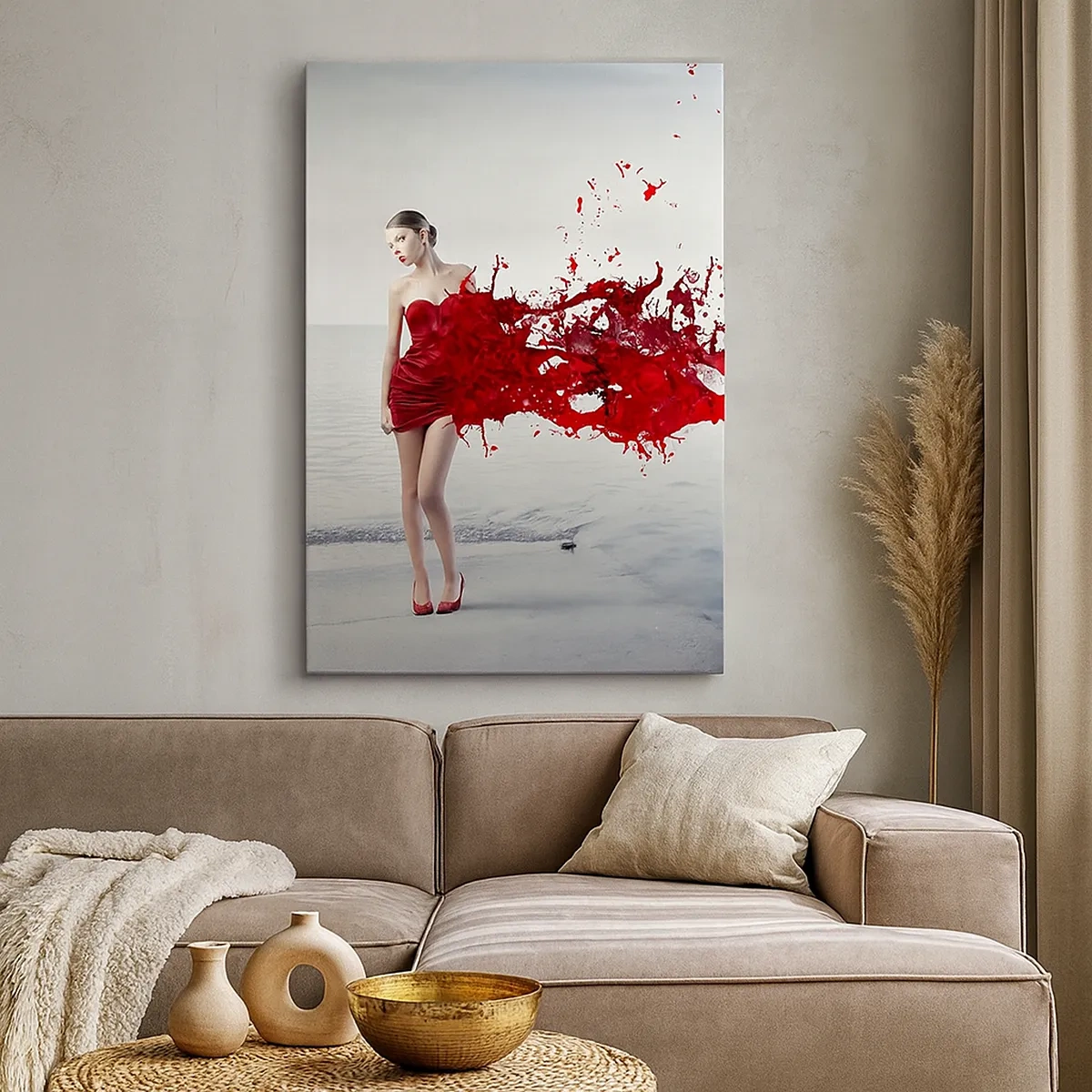 Bild auf Leinwand - Leinwandbild - Eine Frau in einem roten Kleid in einer künstlerischen Komposition am Wasser - 50x70cm - Leidenschaftlich wie Scharlach - Moderne Wanddekoration für Wohnzimmer und Schlafzimmer ARTTOR