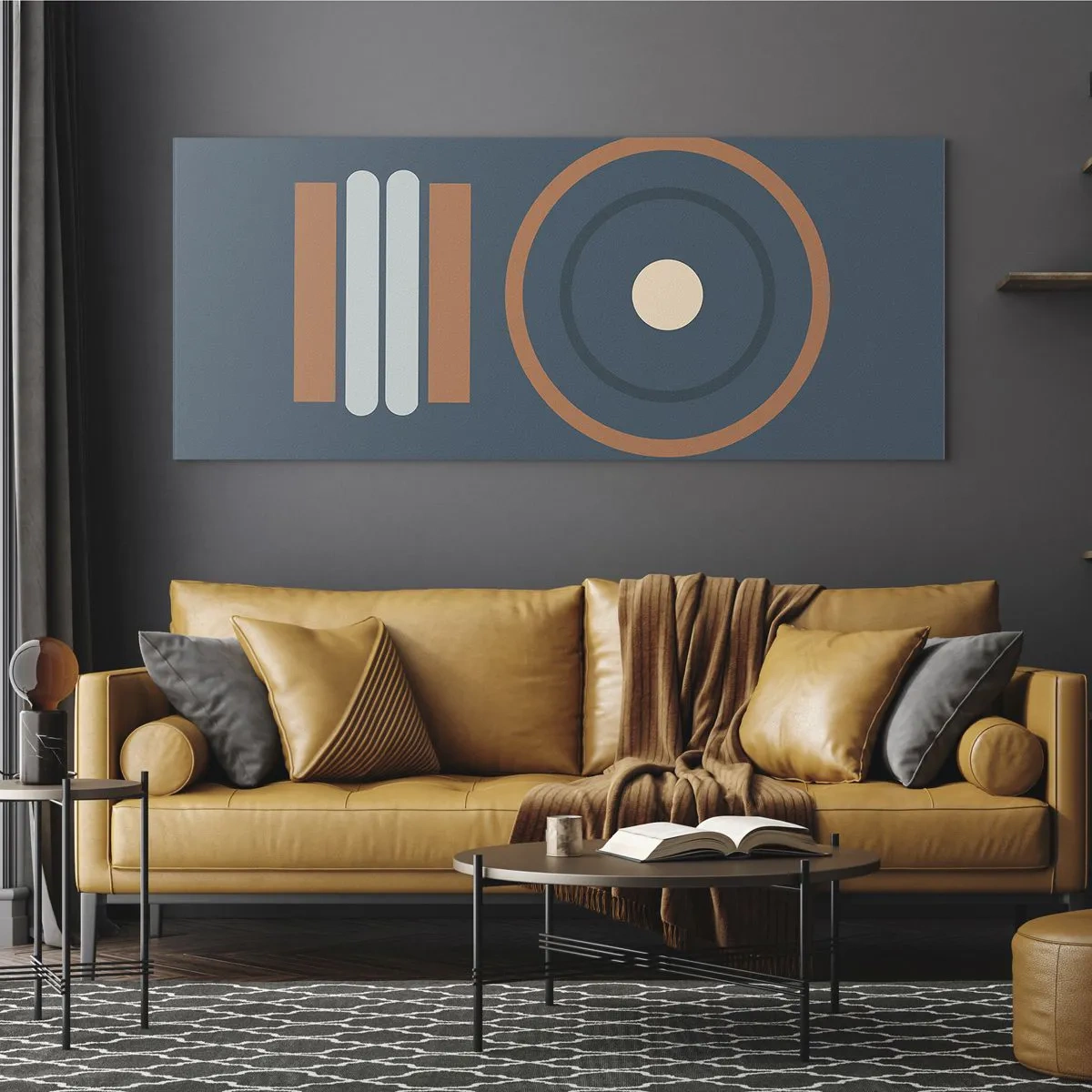 Glasbild - Bild auf glas - Eine geometrische Komposition mit Kreisen und Rechtecken in gedämpften Farben. - 160x50cm - Das Wesen der Dinge - Moderne Wanddekoration für Wohnzimmer und Schlafzimmer ARTTOR