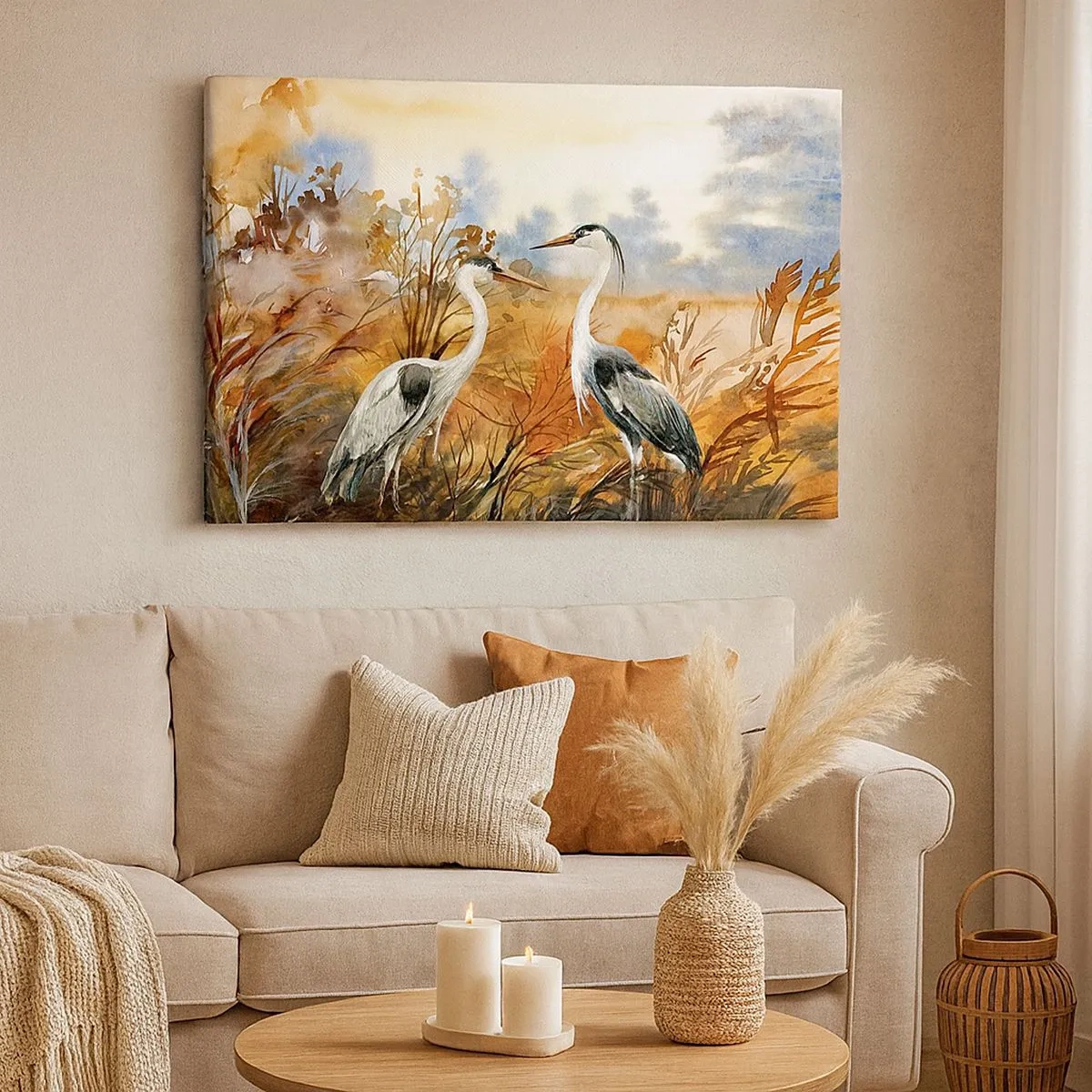 Bild auf Leinwand - Leinwandbild - Zwei Reiher vor dem Hintergrund einer herbstlichen Landschaft - 70x50cm - Wohin im Herbst? - Moderne Wanddekoration für Wohnzimmer und Schlafzimmer ARTTOR