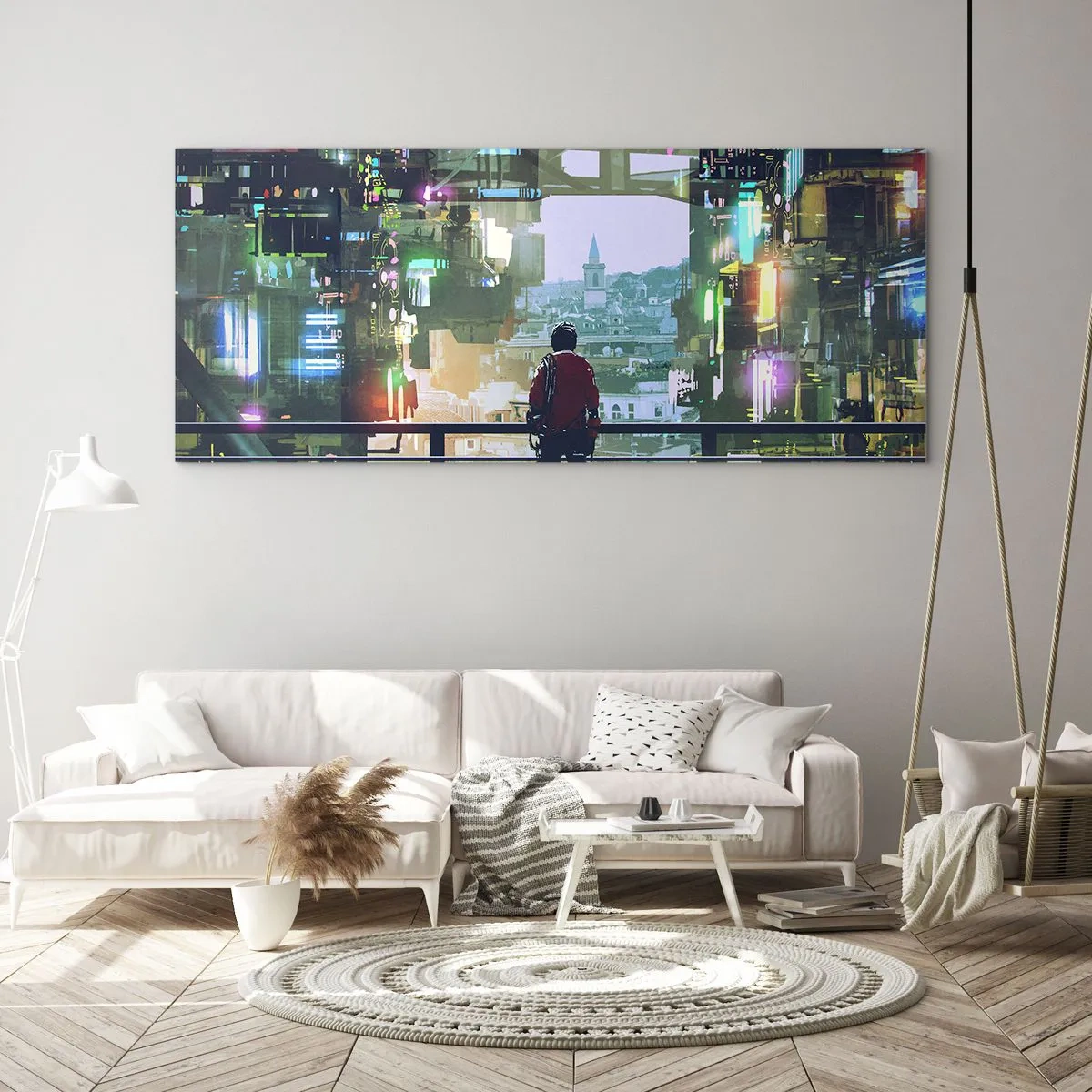 Glasbild - Bild auf glas - Eine Figur in einer futuristischen Stadt mit Neonlichtern - 120x50cm - Zwei Welten - Moderne Wanddekoration für Wohnzimmer und Schlafzimmer ARTTOR